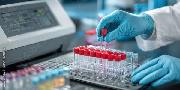 Fototapeta Precision Lab Work: Gloved Hands Handle Test Tubes with Red Caps, Essential for Medical Diagnostics and Scientific Research.