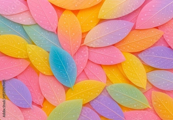 Fototapeta Colorful Pastel Leaves with Water Droplets – Abstract Nature Background