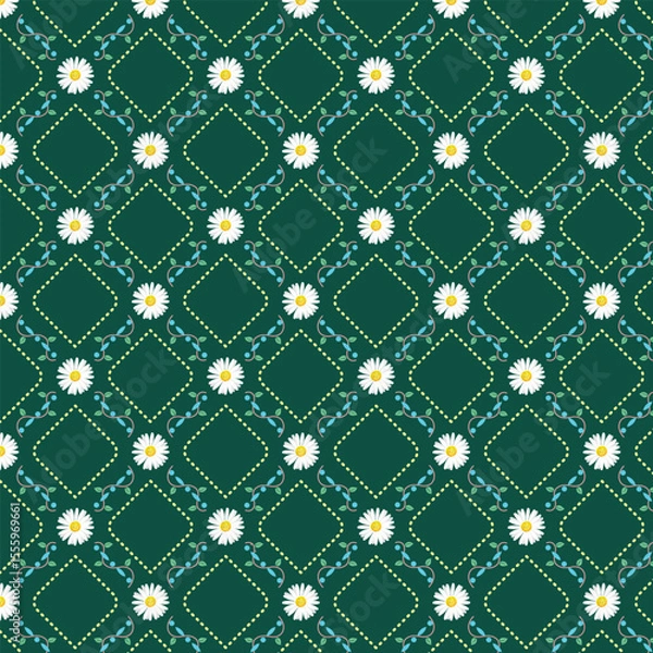 Fototapeta A seamless floral pattern featuring white daisies and brown vines arranged in an elegant diamond lattice design.