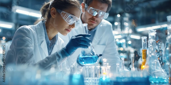 Fototapeta Collaborative Scientific Breakthroughs: Two Scientists Examine a Blue Liquid in a Flask, Advancing Medical and Chemical Research.