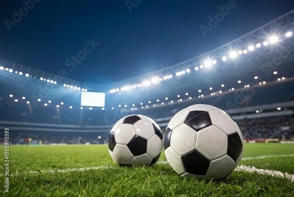 Fototapeta Two footballs on stadium field under night lights. Ideal for sports betting, analytics, match preview, league data, team strategy, and online competition themes.