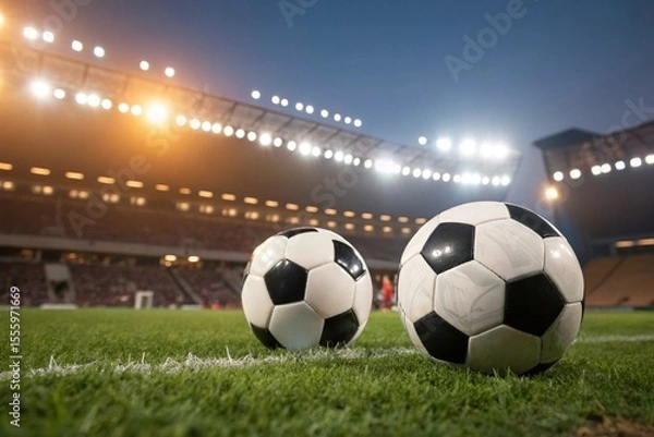 Fototapeta Two footballs on stadium field under night lights. Ideal for sports betting, analytics, match preview, league data, team strategy, and online competition themes.