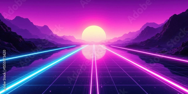 Fototapeta Retro Futurism Grid 80s-inspired infinite grid landscape in neon purple and teal with sunset gradient sky, synthwave aesthetic, horizon perspective
