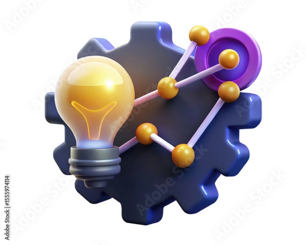 Fototapeta Innovative 3d render of a bright lightbulb idea connected to a gear network symbolizing creative process and strategic planning for business success and technological on transparent background icon