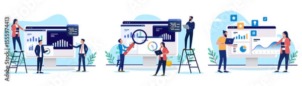 Obraz Collection of illustrations showing people engaging with business charts and data, representing analysis, collaboration, and digital marketing insights. Flat design vector illustration