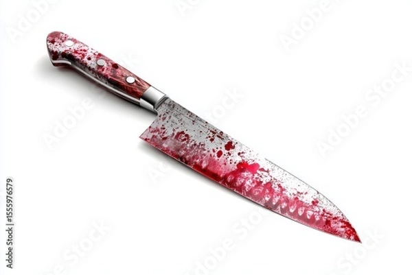 Fototapeta Blood-splattered kitchen knife rests on a clean white background, suggesting a narrative of danger and suspense in a domestic setting during an undefined timeframe