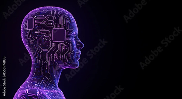 Fototapeta Digital evolution concept, abstract human silhouette merging with glowing digital board patterns, futuristic transformation, purple and blue tones, 8k
