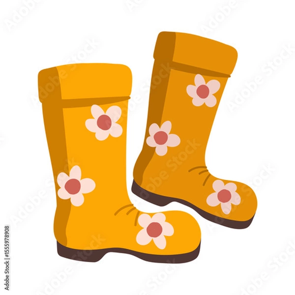 Fototapeta Vector illustration of cartoon orange rubber boots with floral pattern. Rubber boots for autumn rain. Accessory for autumn season.