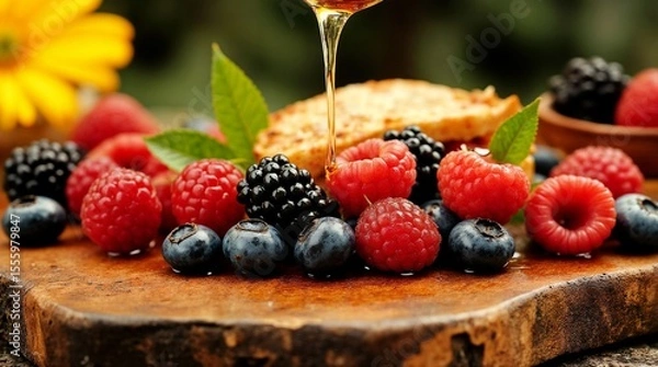 Fototapeta Fresh mixed berries on wooden board with honey drizzling down, including raspberries, blackberries, and blueberries.