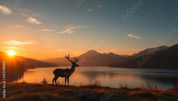 Obraz Majestic Deer Silhouette at Sunset Over Tranquil Lake and Mountains