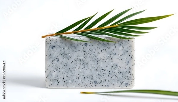 Obraz Minimalist Soap Bar with Palm Leaf on White Background