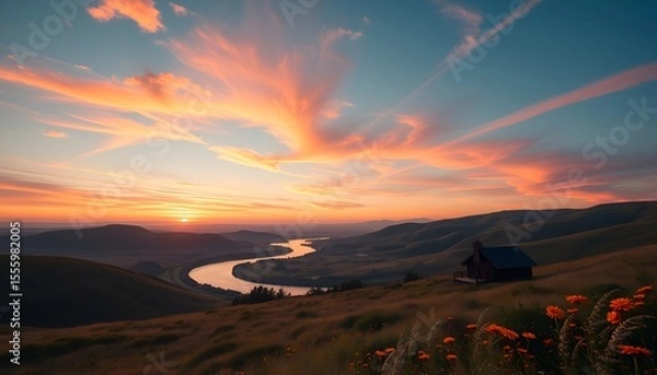 Obraz Serene Cabin Overlook at Sunset with Winding River and Wildflowers