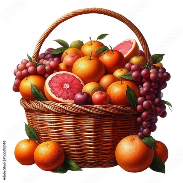 Fototapeta  Wicker Basket Filled with Oranges, Grapefruits, and Red Grapes, Accented with Green Leaves, Positioned on a Transparent Background with Bright Even Lighting and a Clean, Centered Composition