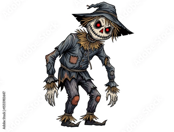 Fototapeta Scary farm field scarecrow with stitched mouth and glowing red eyes - isolated white background cartoon illustration