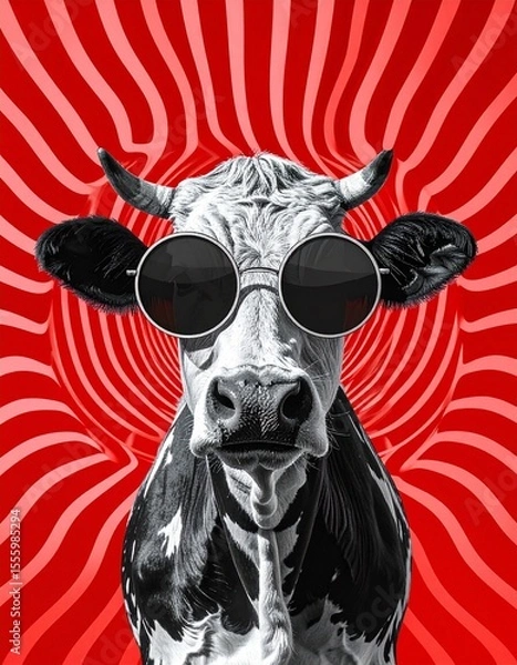 Fototapeta A highly stylized engraving-style illustration of a cow, wearing oversized round sung