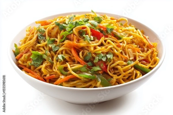 Fototapeta Delicious masala chowmein noodles with colorful vegetables served in a bowl on a white background, perfect for a satisfying meal any time of the day