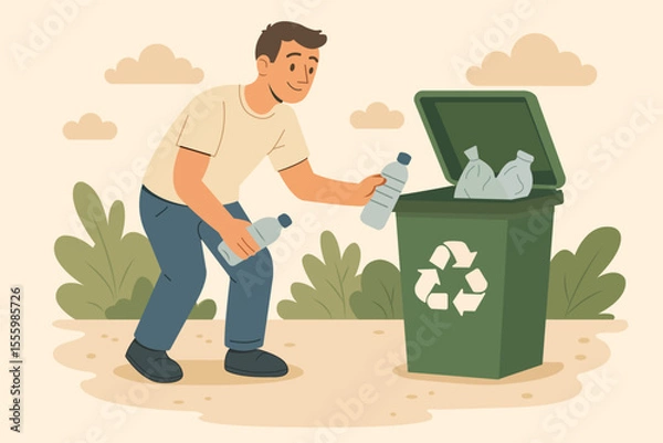Obraz Man Recycling Plastic Bottles for a Sustainable Future illustration