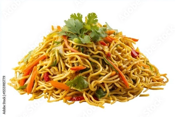 Fototapeta Delicious masala chowmein noodles tossed with fresh vegetables prepared on a pristine white background for a vibrant culinary presentation
