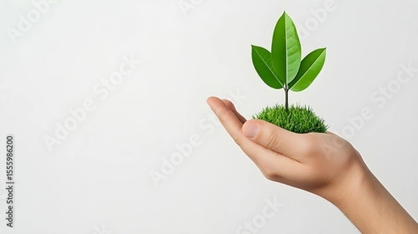 Fototapeta A human hand gently holds a small plant sprouting from lush green grass, symbolizing growth and sustainability in nature. Ideal for environmental themes.