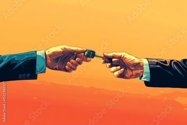 Fototapeta Buy second-hand auto or rent a car concept, close-up of used car agent handing over the auto key to a client, symbolizing vehicle sales or rentals., Generative AI