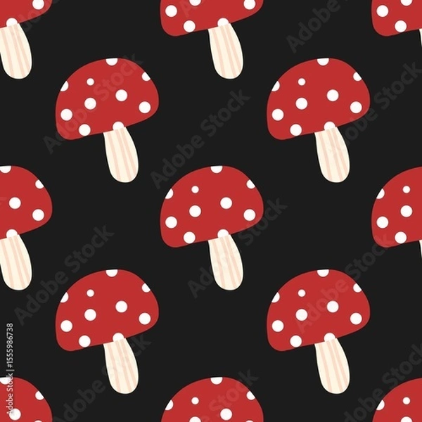 Fototapeta Playful red mushrooms with white dots on black background. Fun and bold pattern for fabric, kids decor, Halloween themes, and woodland-inspired designs.