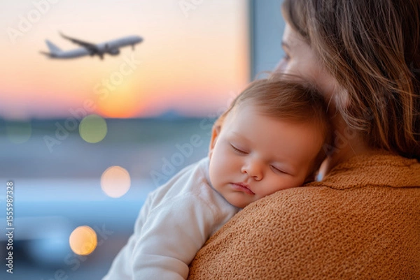 Obraz Mother holding sleeping infant at airport with departing airplane, travel concept and new journey beginning