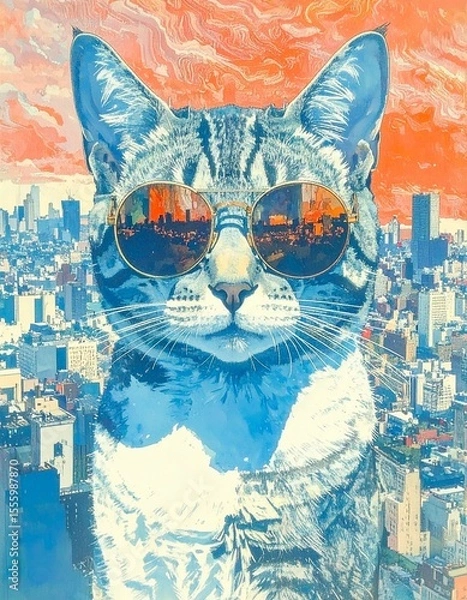 Fototapeta A highly stylized engraving-style illustration of a cat, wearing oversized round sung