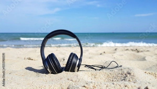 Fototapeta Relaxing auditory experience on the beach with headphones and ocean vibes