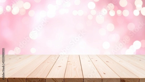 Fototapeta Pastel Pink Bokeh Background with Wooden Surface for Product Presentation