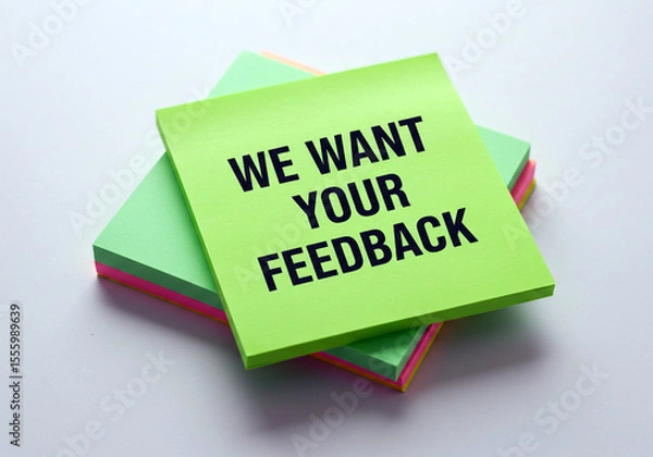 Fototapeta Bright green sticky note with bold black text reading we want your feedback resting on a stack of colorful paper notes against a clean white background