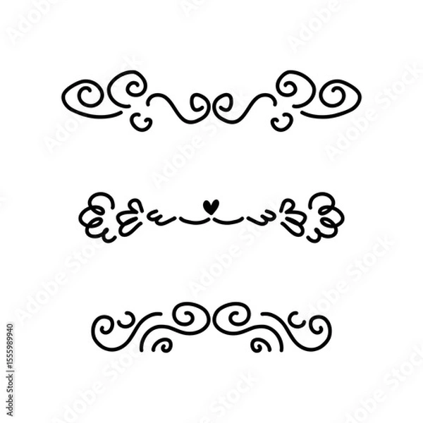 Fototapeta Borders set. Floral dividers, doodle style isolated decorative elements. Wedding cards, posters and banners design. Flowers leaves and ornament. Calligraphic underline. Curve separator, vector set