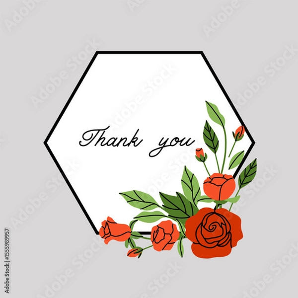 Fototapeta Rose frame. Red flowers and green leaves. Decorative elements, spring summer elegant elements. Bouquet with blossom. Botanical decoration for poster. Vector cartoon flat isolated illustration