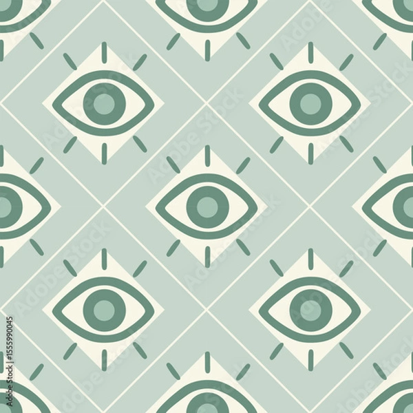 Obraz Mystic Seamless Eye Pattern with Geometric Boho Design in Soft Green