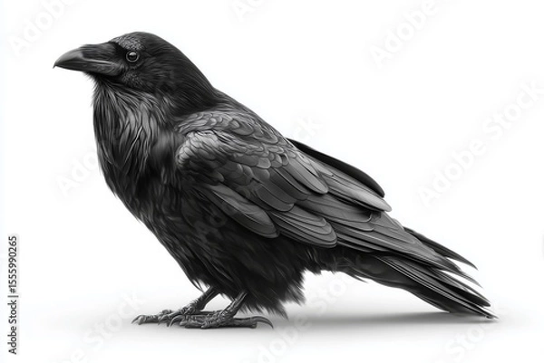 Fototapeta Raven icon with glossy black feathers isolated against a white background showcasing intricate feather details and a watchful gaze