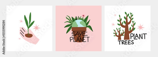 Fototapeta Save planet. Earth environmental care. Icon or sticker collection. green energy, stop pollution, reuse and recycled. Eco friendly, ecology elements. Vector cartoon flat style isolated illustration set