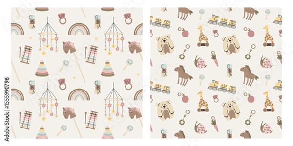 Fototapeta Baby toys seamless pattern. Beige newborn wooden ecological accessories, train. Rainbow and cubes for toddler games. Decor textile, wrapping paper, wallpaper. Print for fabric. Vector background