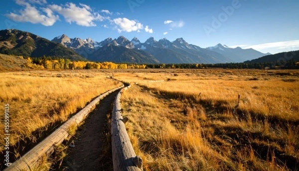 Fototapeta Picturesque Autumn Prairie Vista with Log Pathway Leading to Distant Mountain Peaks