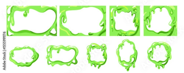 Fototapeta Slime green frame. Different forms border for graphic design. Melting liquid, abstract blob drip, square and round, jelly splash and spot. Decorative background. Vector cartoon isolated set