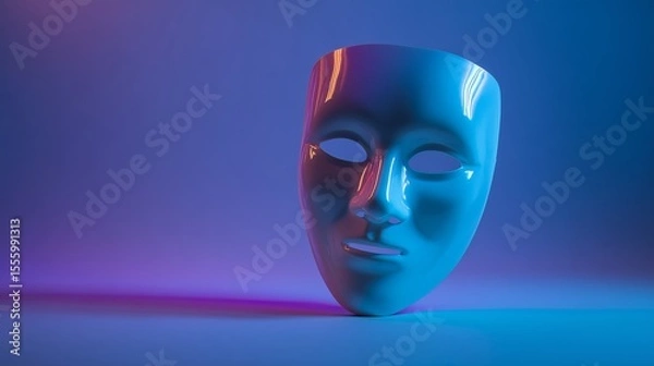 Fototapeta Retro vinyl mask display glowing under UV lights with space for text on white background