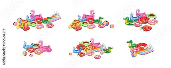 Fototapeta Cartoon inflatable toys. Colorful swimming rings and mattress, rubber water summer pool funny swimming accessories, flamingo, pizza and ball, watermelon and donut, vector flat isolated gradient set