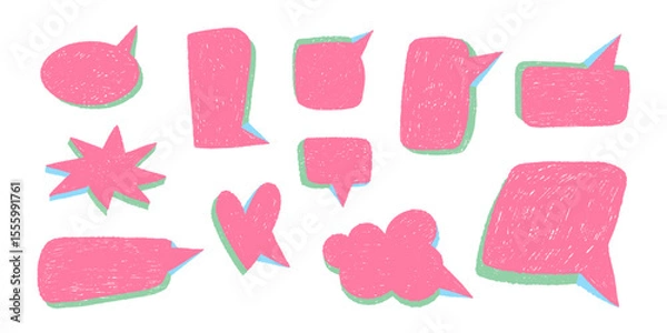 Fototapeta Empty speech bubbles. Doodle colorful forms for chat and message. Discussion and conversation, crayons drawing dialog windows. Sketch pencil. Thinking communication icon vector isolated hand drawn set