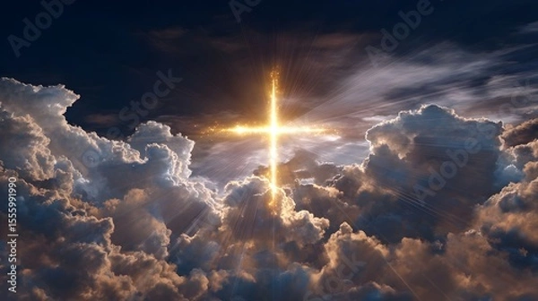 Fototapeta Majestic clouds part to reveal a glowing cross floating in the ethereal dramatic sky a powerful symbol of spiritual faith and the divine light shining through