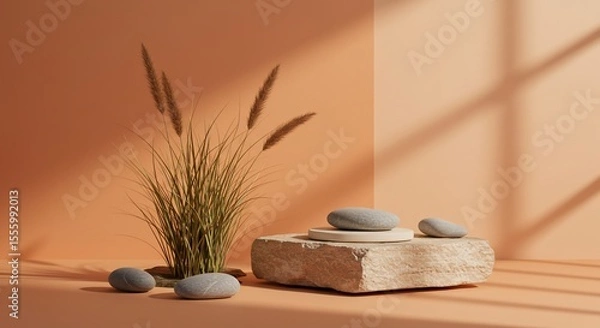 Fototapeta Serene composition with river stones, pampas grass, and a textured stone block
