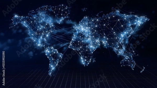 Fototapeta Futuristic digital of a world map with illuminated nodes and communication lines representing global digital connectivity and data networks