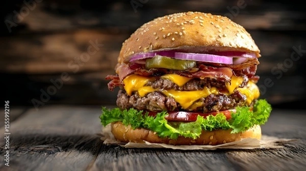 Fototapeta Indulgent double beef cheeseburger with sizzling crispy bacon melted cheddar cheese crisp lettuce and tangy onions all nestled between a toasted sesame seed bun