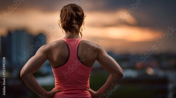 Fototapeta A toned athletic woman stands confidently with her back to the a blurred city skyline in the warm glow of the setting sun