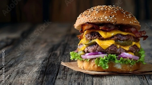 Fototapeta Mouthwatering double beef cheeseburger with melted cheddar crispy bacon lettuce onion and a sesame seed bun served on a rustic wooden table