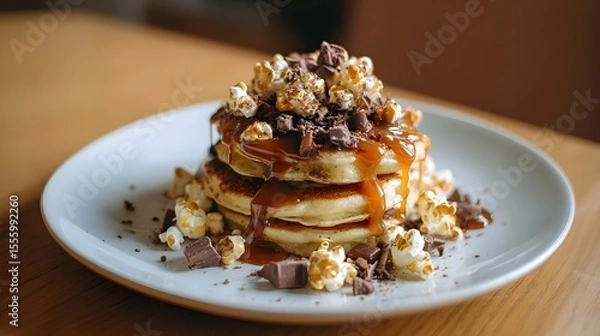 Fototapeta A decadent tower of fluffy pancakes drizzled with melted caramel sauce topped with rich chocolate chunks and crunchy popcorn served on a warm wooden table