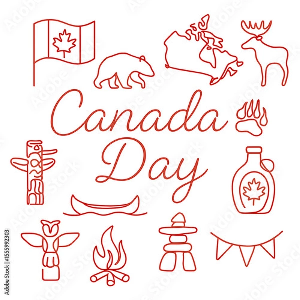 Fototapeta Canada Day symbols including flag, bear, moose, and maple syrup  
