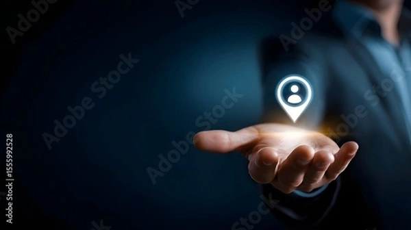 Fototapeta Close up of a businessman s outstretched hand with a glowing digital location pin icon hovering above the palm representing digital identity geolocation